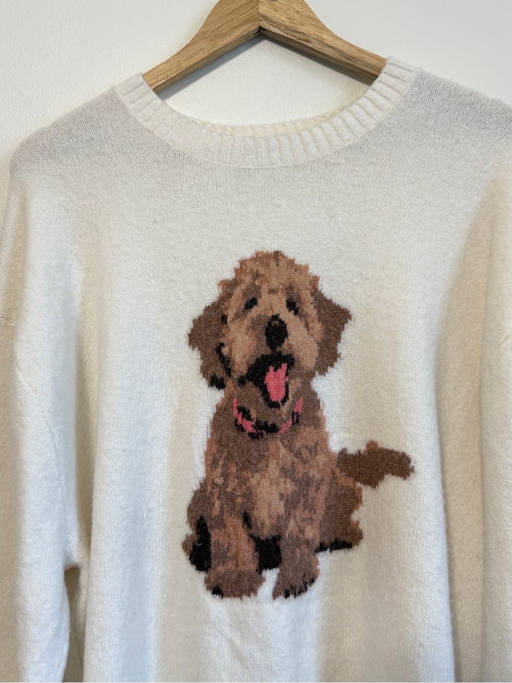 Hollister White Crewneck Sweater with Brown Puppy Super Soft - Picture 4 of 5